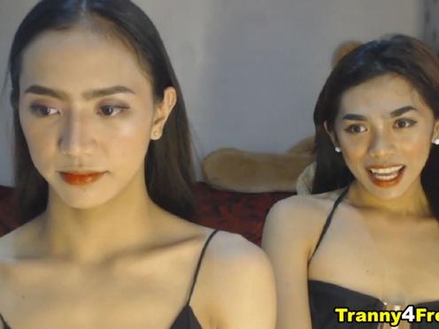 Asian Skinny Trannies Double Cock Blowjob